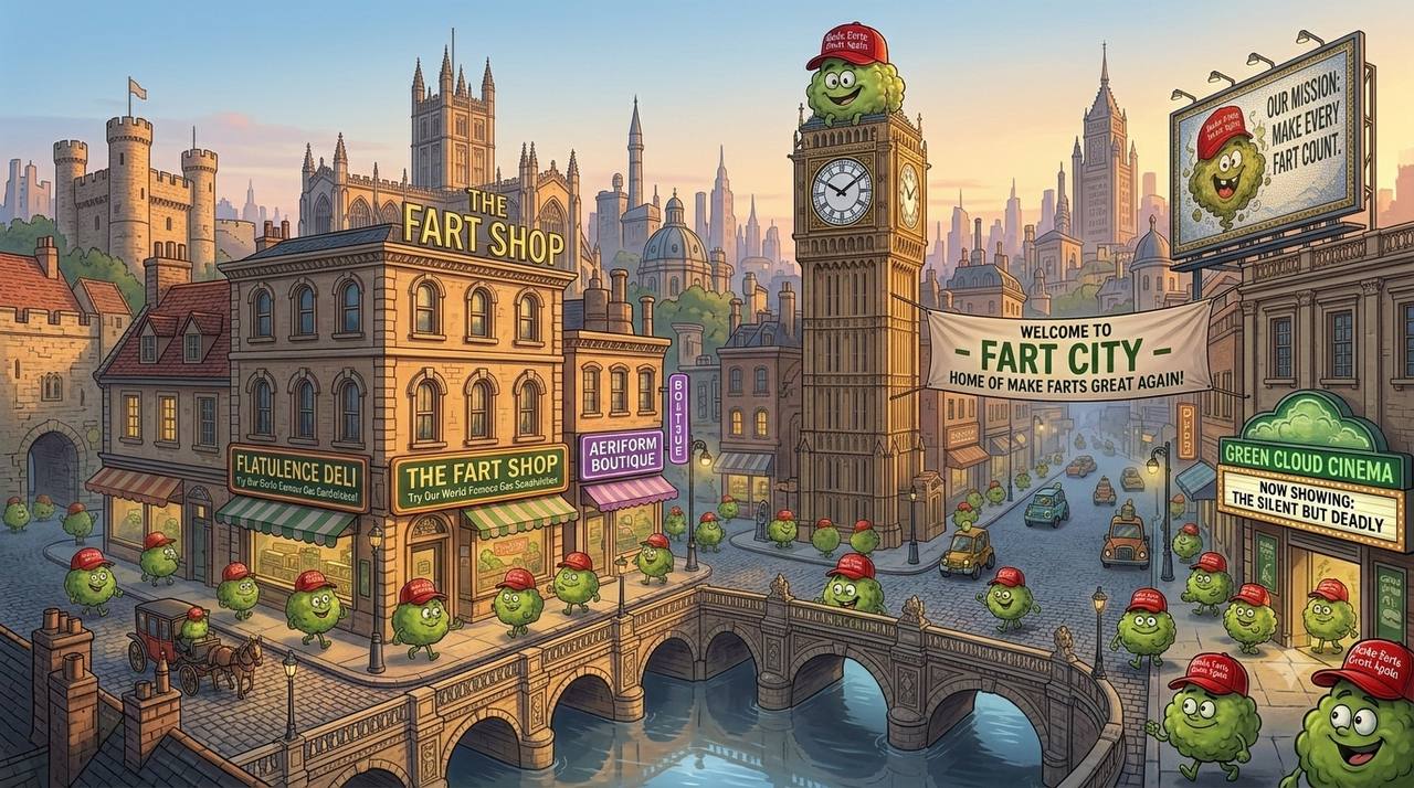 Fart City — a cartoon town populated by little green farts wearing red caps