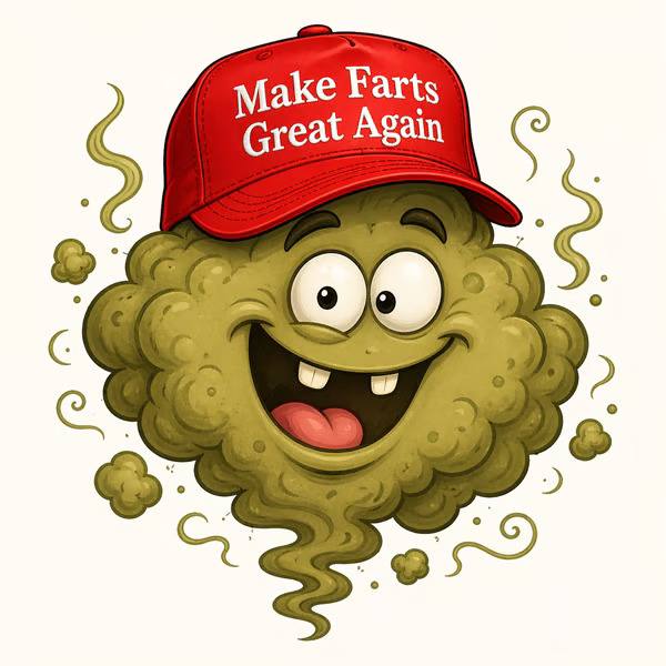 $MFGA mascot — a smiling green cartoon fart in a red Make Farts Great Again cap